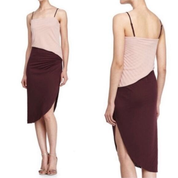 Halston Heritage Pink and Burgundy Asymmetrical Hem Midi‎ Dress Size 6 Small New - Picture 1 of 6